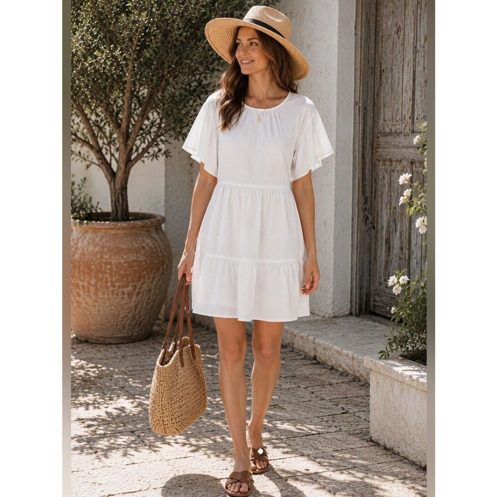 Modcloth Flutter of Brilliance Tiered Mini Dress Flutter Sleeves White S NWT